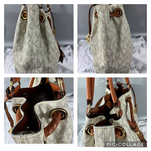 Michael Michael Kors Jet Set Large Logo Leather Gathered Brown Vanilla Tote Bag - Picture 8 of 14